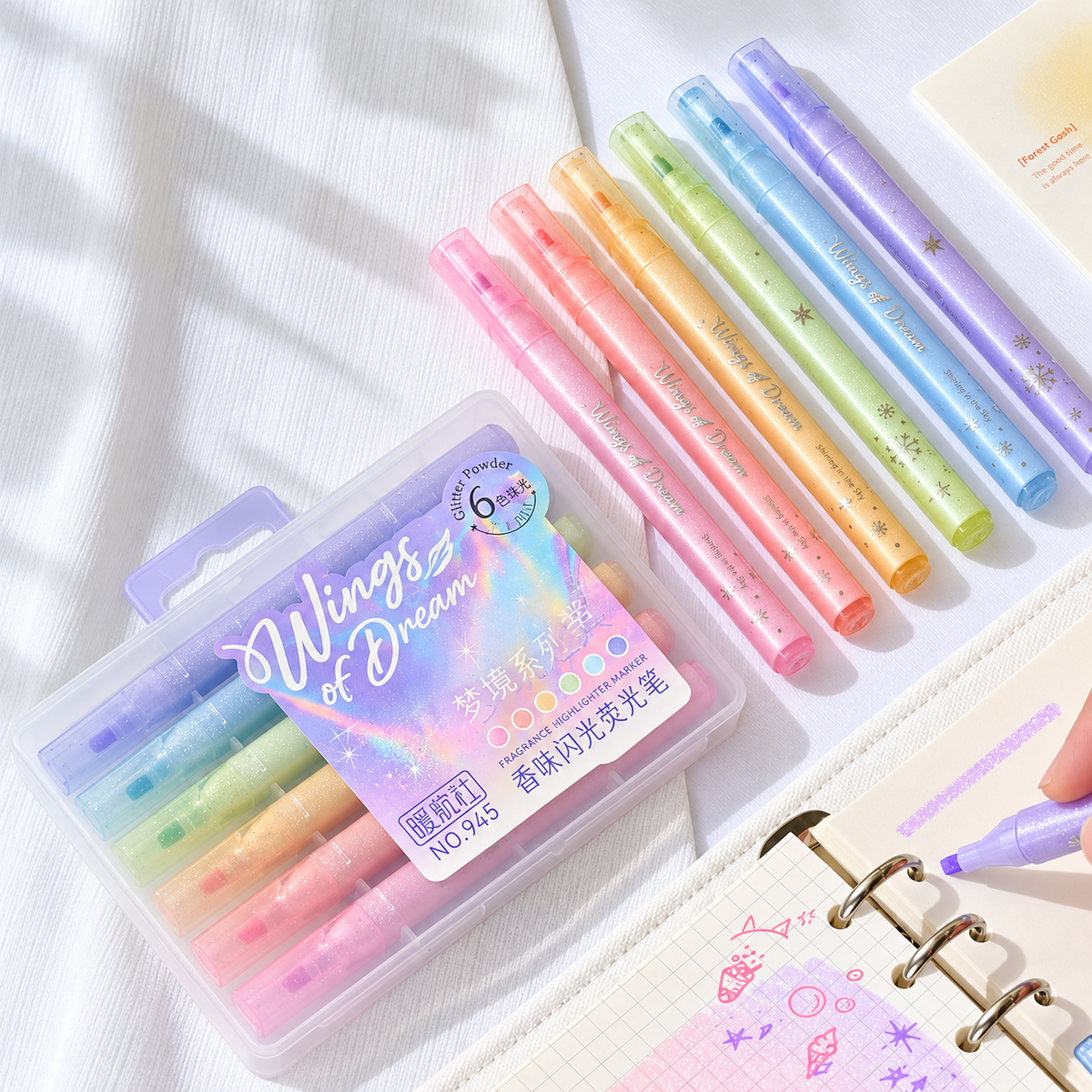 "Wings of Dream" Glitter & Scented Highlighter Set (6 Colors) — Pastel Sparkle Markers