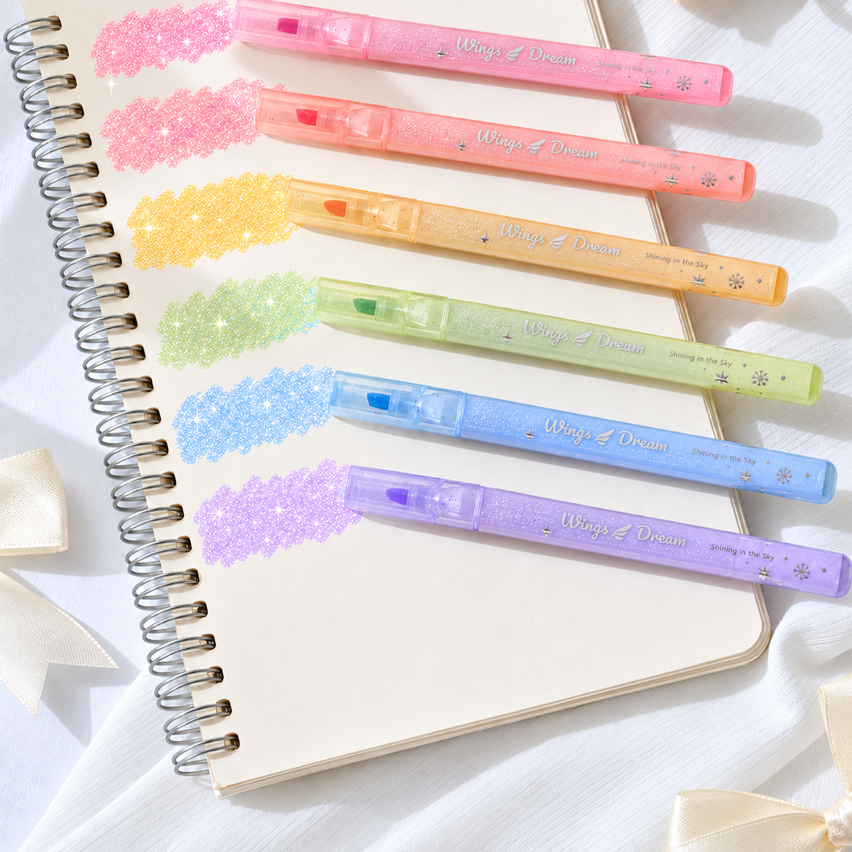 "Wings of Dream" Glitter & Scented Highlighter Set (6 Colors) — Pastel Sparkle Markers